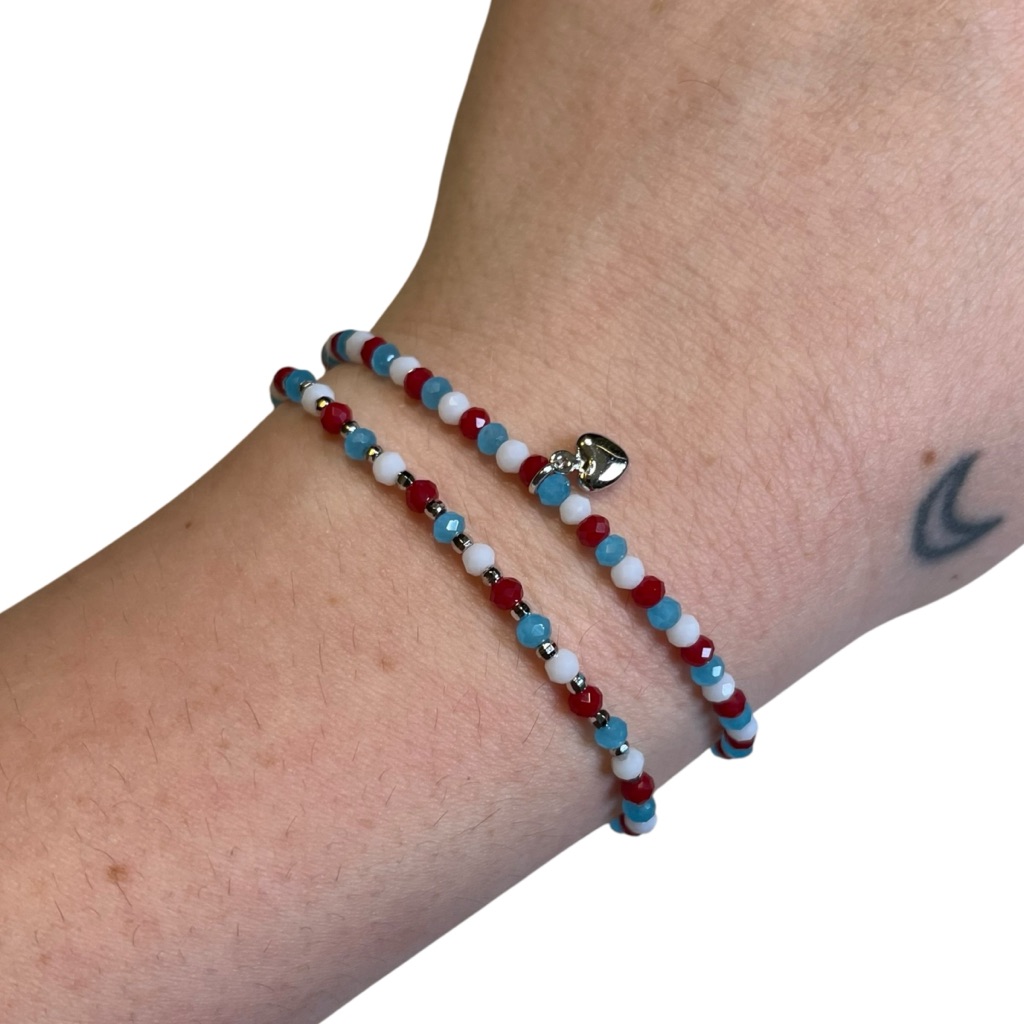 5 For $20 Red White And Blue Czech Glass Silver Beaded Stretch Bracelet Cc